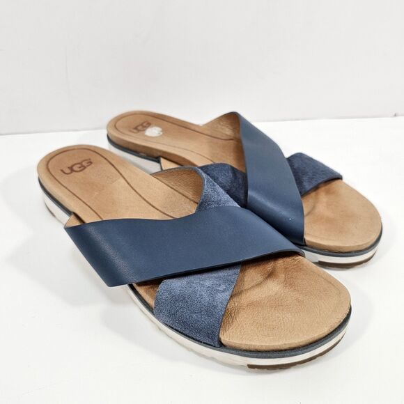 UGG Women's Kari Criss Cross Slide Sandals Blue Leather Suede Size 10 EU 41 - Picture 1 of 8